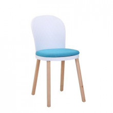Scaun din plastic cu şezut tapiţat, picioare din lemn, 400x400x820 mm, alb-albastru